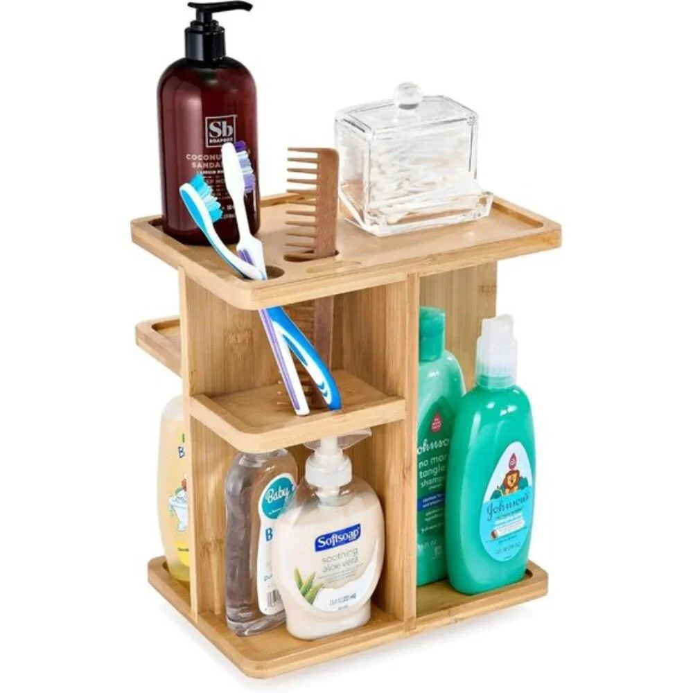 New 360° Bamboo Makeup Organizer, Rotating Cosmetic Storage for Vanity